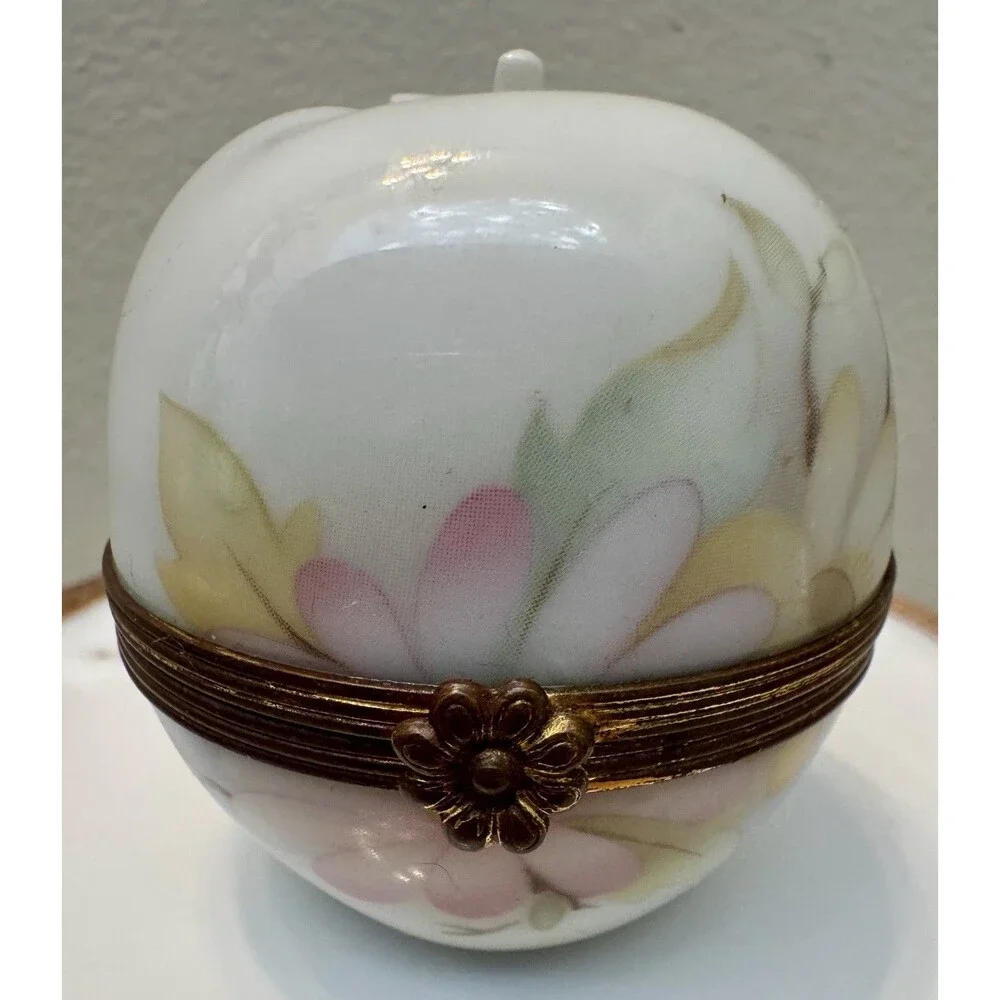 Vintage Limoges France Apple Trinket Box Hand Painted Floral Porcelain
